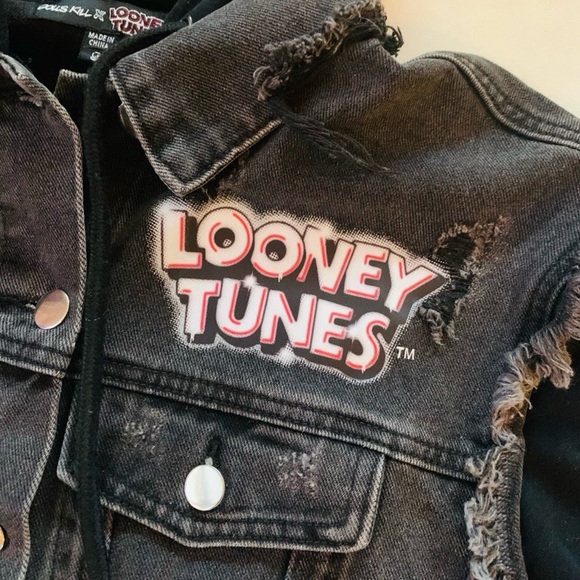 DOLLS KILL x LOONEY TUNES Distressed Hooded Jean Jacket - Picture 1 of 11